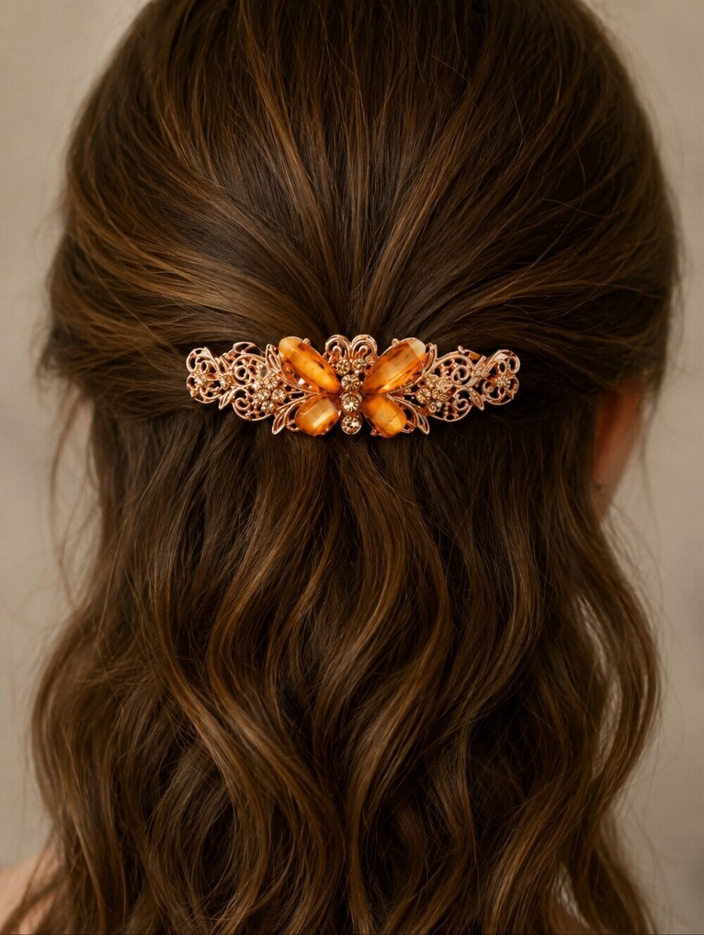 Vintage Rose Gold Filigree Butterfly Rhinestone Hinged Fairycore Barrette